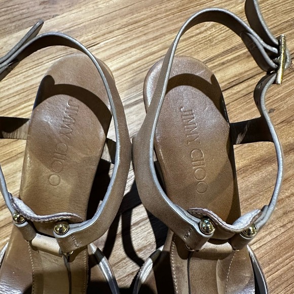 Jimmy Choo Women’s Pilar T-strap Leather Cork Wedge Tan Leather Platform - Picture 3 of 13